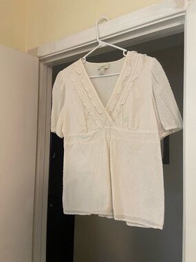 LOFT Ivory V-Neck Swiss Dot Lace Trim Blouse